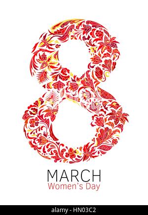 Der Internationale Frauentag am 8. März, Gruß Hintergrund mit der Nummer 8. Handgemachte Vektor-Illustration der wunderschön dekoriert Nummer acht. Stock Vektor