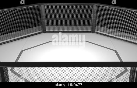 3D gerendert Illustration ein MMA, mixed Martial Arts, Käfig Kampfarena.  Ring hat die Form eines Achtecks mit weißen Matte und Zäune rund um ed Stockfoto