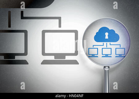 Sicherheitskonzept: optische Lupe mit Cloud Netzwerksymbol auf digitalen Hintergrund, leeren Exemplar für Karte, Text, Werbung, 3D-Rendering Stockfoto