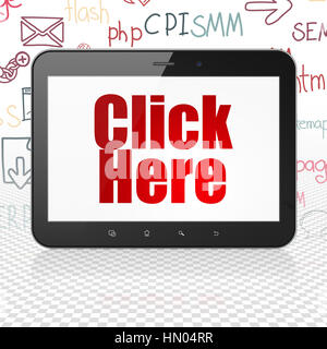 Web-Design-Konzept: Tablet-Computer mit rotem Text klicken Sie hier auf dem Display, Hand gezeichnet Website Entwicklung Icons Hintergrund, 3D-Rendering Stockfoto