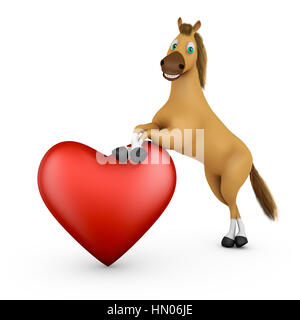 Lustiges Pferd neben einem roten Herzen. 3D-Rendering. Stockfoto