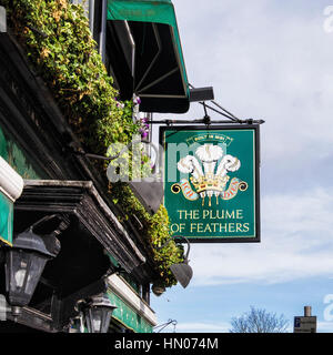 London, Greenwich - Plume von Federn - Schild außerhalb der traditionellen englischen Pub Stockfoto