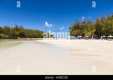 Traumstrand auf Ile Aux Cerfs (Deer Island) abseits der Küste von Mauritius. Dies ist ein beliebter Tagesausflug für Touristen in Mauritius. Stockfoto