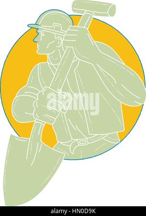 Zeichnung Skizze Stil Abbildung eines Bauarbeiters tragen Schutzhelm mit Blick auf die Seite legen im inneren Kreis auf isolierte Zeitmessung Schaufel Stock Vektor