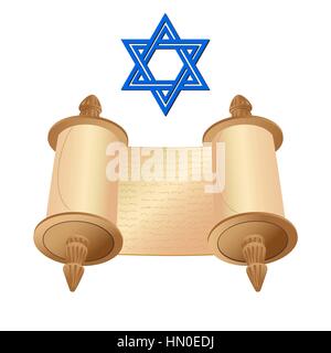 Vector Illustration alte Schriftrolle Papyrus und Davidstern auf weißem Hintergrund. Comic-Bild der Thora im aufgefalteten Zustand. Stock Vektor