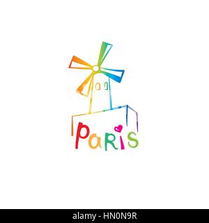 In Paris unterzeichnen. Französische Wahrzeichen Moulin Rouge. reisen frankreich Label. Paris architektonischen Symbol mit Schriftzug Stock Vektor