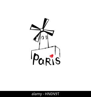 In Paris unterzeichnen. Französische Wahrzeichen Moulin Rouge. reisen frankreich Label. Paris architektonischen Symbol mit Schriftzug Stock Vektor