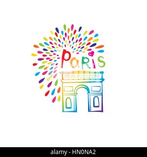 In Paris unterzeichnen. Französische berühmte Sehenswürdigkeit Triumphbogen. reisen frankreich Label. Paris architektonischen Symbol mit Schriftzug Stock Vektor