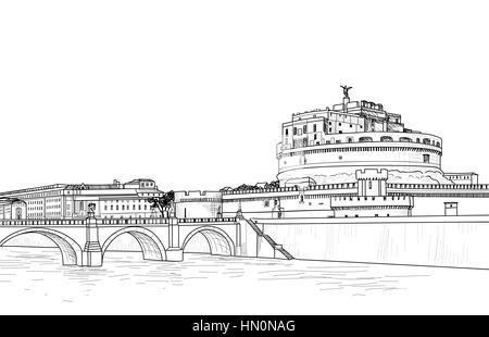 Rom Stadtbild mit Schloss Sant Angelo. italienische Stadt Wahrzeichen der Skyline. Reisen Italien Gravur. Rom architektur stadt Hintergrund Stock Vektor