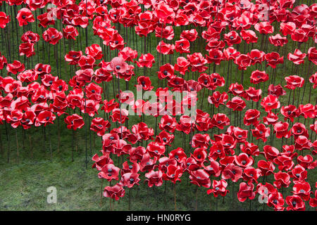 "Blut fegte Länder und Meere rot". Nahaufnahme der 888.246 Keramik Mohn anlässlich der Hundertjahrfeier des Ausbruchs des ersten Weltkrieges im Graben Stockfoto
