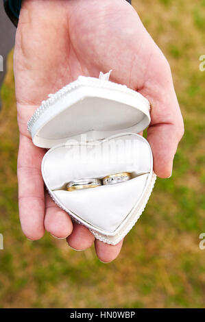 Herz Fall Kissen für die Trauringe Stockfoto