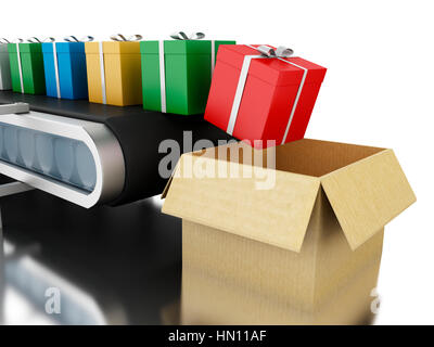 3D Renderer Bild. Geschenk-Boxen am laufenden Band. Isolierten weißen Hintergrund. Stockfoto