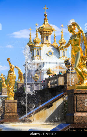 Goldene Statuen und Brunnen der großen Kaskade, Peterhof, St Petersburg, Russland Stockfoto