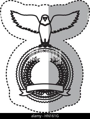 monochrome Kontur Aufkleber mit Adler mit Flügeln über runden Rahmen mit Schleife und Oliven Krone öffnen Stock Vektor