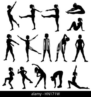 Die elegante Frau Silhouetten zu tun Fitness Übungen. Fitness club Icon Set, Fitness Übungen Konzept. Mädchen gym training Vector Illustration isoliert o Stock Vektor