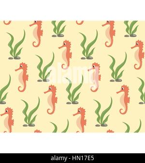 Nahtlose Meer Muster. Orange Seepferdchen und Grünalgen auf gelb Stock Vektor