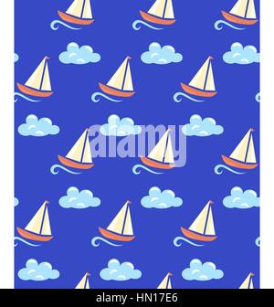 Nahtlose Meer Muster. Yacht auf Welle und cloud auf blauem Hintergrund Stock Vektor