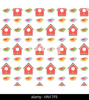 Frühling Musterdesign Vögel und Vogelhaus isoliert auf weiss Stock Vektor