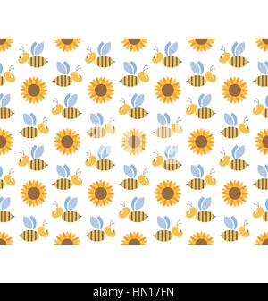 Frühling Bienen und Sonnenblumen Musterdesign isoliert auf weiss Stock Vektor