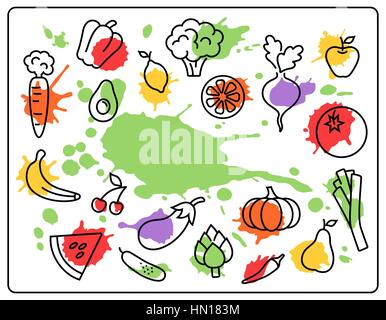 Gesundes Essen Gemüse und Obst Bright Blots Icons isoliert o Stock Vektor