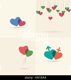 Satz von vier Liebesikonen mit Herzen isoliert auf beige Stock Vektor