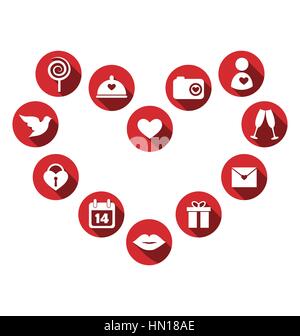 Satz von Symbolen der Liebe mit langen Schatten in Kreisen isoliert auf weiss Stock Vektor