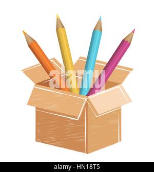 Bunte Bleistifte mit gezogenen Karte Box isoliert auf weiss Stock Vektor
