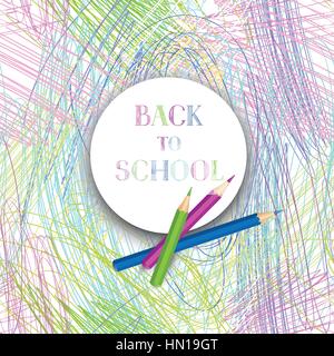 Zurück zu Schule. Banner mit Schulmaterial über Kinder Farbe Bleistift Zeichnung Hintergrund. Vektor. Stock Vektor