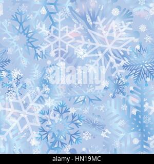 Schnee Kachelmuster. Schneeflocken strukturierten Hintergrund. weiß Schneefall in ble Hintergrund sanfte nahtlose Muster. christmas Ornament. Stock Vektor