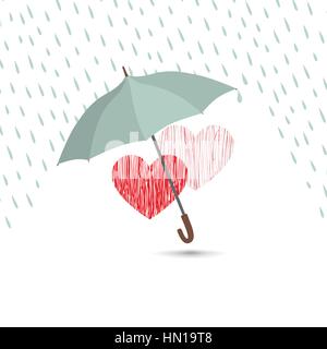 Liebe Herz Zeichen über Regen unter Dach Schutz. Zwei Herzen in Liebe Symbol isoliert auf weißem Hintergrund. Valentinstag Grußkarten-design Stock Vektor