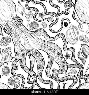 Octopus und Seashell nahtlose Muster. Meer Muschel Ornament. Marine Life Fliesen- Hintergrund mit Muscheln, Meer und Sand. Unterwasser Zierpflanzen pa Stock Vektor