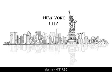 New York, USA skyline Skizze. New York City Silhouette mit Liberty Denkmal. amerikanischen Wahrzeichen. städtebaulichen Landschaft. Stadtbild mit berühmten Bui Stock Vektor