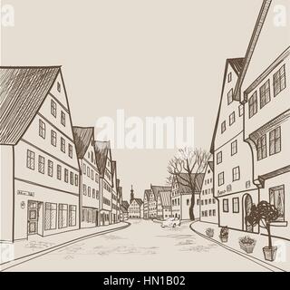 Street Cafe in der Altstadt. das Stadtbild - Häuser, Gebäude und Baum auf der Gasse. Die Altstadt. mittelalterlichen europäischen schloss Landschaft. Bleistift gezeichnet bearbeitbar Stock Vektor