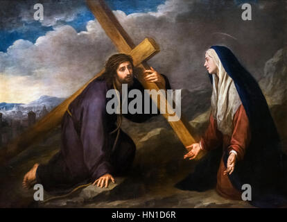 Murillo Malerei. "Christus erfüllt die Jungfrau Maria auf dem Weg zum Kalvarienberg" von Bartolome Esteban Murillo (1618-1682), Öl auf Leinwand, 1665-75. Kreuzigung Christi Malerei. Stockfoto