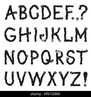 Alphabet. cartoon fiktives Tier zitternd krabbeln Strichzeichnung dekorative Schriftart. Hipster doodle ragged Brief latin Wurm zeichen Alphabet im Set Stock Vektor