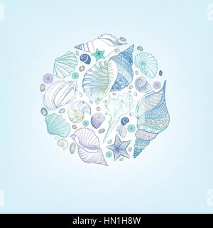 Seashell skizzieren. Sommerurlaub marine Hintergrund. Unterwasser noch leben Dekor. resort Postkarte Design. Vektor Grußkarte mit Meer-Shell Stock Vektor