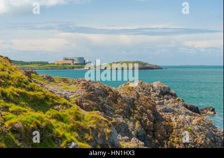 Wylfa-Kraftwerk von Llandabrig Kirche auf Anglesey Wales Stockfoto