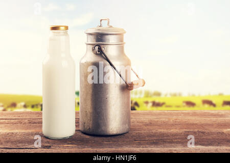 Milchkanne und Flasche am Tisch in der Nähe der Kuh Weide Wiese Stockfoto