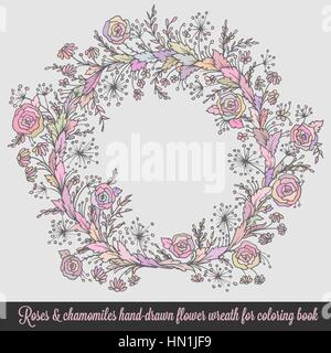 Laurel Wreath Rahmen mit Rosen, Kamille und gedeiht. Vintage Zierelement in Gravur Stil, Dekor-handgemalte florale Doodle für Karten oder Stock Vektor