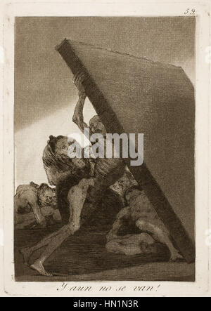 Francisco Goyas 'Caprichos No. 59 - Y aun no se van!' Aus der Serie „Caprichos“ präsentiert eine satirische Darstellung sozialer und politischer Fragen. Das Werk greift Goyas kritische Perspektive auf die moralischen und politischen Schwächen der Gesellschaft mit Symbolismus und dunklem Humor auf. Stockfoto