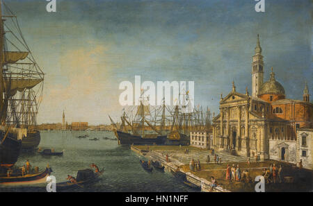 Ein Blick auf das Bacino Di San Marco von der Kirche und Insel San Giorgio Maggiore, Venedig, gemalt von Michele Marieschi, einem venezianischen Maler des 18. Jahrhunderts, in Öl auf Leinwand. Stockfoto