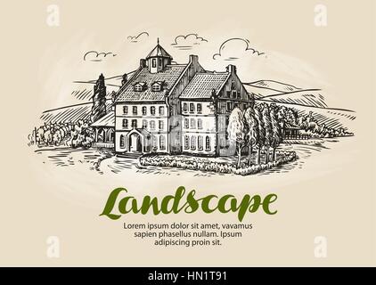 Bauernhof, Weingut Skizze. Vintage Landschaft im ländlichen Raum, Landwirtschaft Landwirtschaft Vektor Stock Vektor