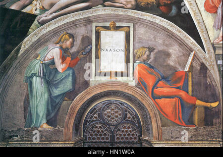 Die Decke der Sixtinischen Kapelle, gemalt von Michelangelo, wurde Ende des 20. Jahrhunderts restauriert und zeigt die Brillanz der Werke des Künstlers in voller Farbe und Detailtreue. Die Restaurierung trug dazu bei, die Lebendigkeit der ikonischen biblischen Szenen wiederzubeleben. Stockfoto