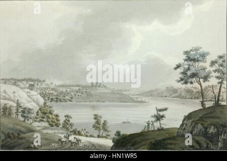 Johann Friedrich Nagels „Vue de Buckow“ zeigt einen malerischen Blick auf Buckow und zeigt die natürliche Schönheit der Landschaft mit detaillierten Elementen. Nagels Arbeit fängt die heitere Atmosphäre der Landschaft ein. Stockfoto