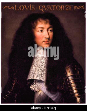 Louis 14-1 ist ein königliches Porträt von König Ludwig XIV. Von Frankreich, das seine Größe und seinen Status als einer der mächtigsten Monarchen in der europäischen Geschichte unterstreicht. Das Gemälde hebt seine königliche Kleidung und seine herrschende Präsenz hervor. Stockfoto