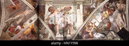 Michelangelos Fresken über der Altarwand in der Sixtinischen Kapelle gehören zu den berühmtesten Werken der Renaissance-Kunst. Diese Fresken zeigen biblische Szenen, darunter die „Schöpfung Adams“, die Michelangelos Beherrschung der menschlichen Form und die Verwendung lebendiger Farben zeigen. Das Werk stellt den Höhepunkt der künstlerischen Leistung der Renaissance dar und verbindet religiöse Themen mit einer tiefgreifenden Erforschung der menschlichen Anatomie und göttlichen Schönheit. Stockfoto