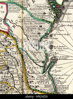 Die Karte von Guillaume de Lisle aus dem Jahr 1742, *Carte des Pays voisins de la Mer Caspienne*, zeigt die Regionen rund um das Kaspische Meer. Die Karte zeigt die geopolitische Landschaft des Gebiets, mit einem Schwerpunkt auf der Kartographie im 18. Jahrhundert. Stockfoto