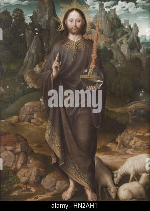 Das Gemälde „Salvator Mundi in einer Landschaft“ des Meisters der Mansi Magdalena zeigt Christus als Erlöser der Welt in einer ruhigen natürlichen Umgebung. Der Künstler verbindet religiöse Ikonographie mit Landschaft und schafft so eine friedliche und dennoch spirituell aufgeladene Atmosphäre. Das Werk wird einem anonymen Künstler zugeschrieben, der dafür bekannt ist, heilige Themen mit der Schönheit der Natur zu verbinden. Stockfoto