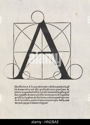 Luca Paciolis 'de divina proportione' ist eine Abhandlung über Mathematik und Proportion aus dem 16. Jahrhundert. Der Buchstabe A bezieht sich auf den Anfangsbuchstaben dieses einflussreichen Werkes, in dem die Beziehung zwischen Geometrie und Kunst diskutiert wird. Stockfoto