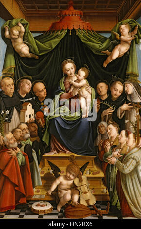 Bernardino Laninos „Madonna und Kind thront mit Heiligen und Spendern“ ist ein religiöser Altar mit der Jungfrau Maria mit dem Jesuskind, umgeben von Heiligen und Spendern. Das Werk spiegelt die hingebungsvolle Kunst der Renaissance mit seiner reichen Farbpalette und detaillierten Ikonographie wider. Stockfoto